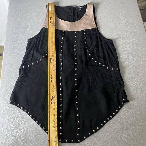 HYFVE Blouse Sleeveless Faux Leather Sheer Studded Open Back Womens M Black Tan - Picture 7 of 12